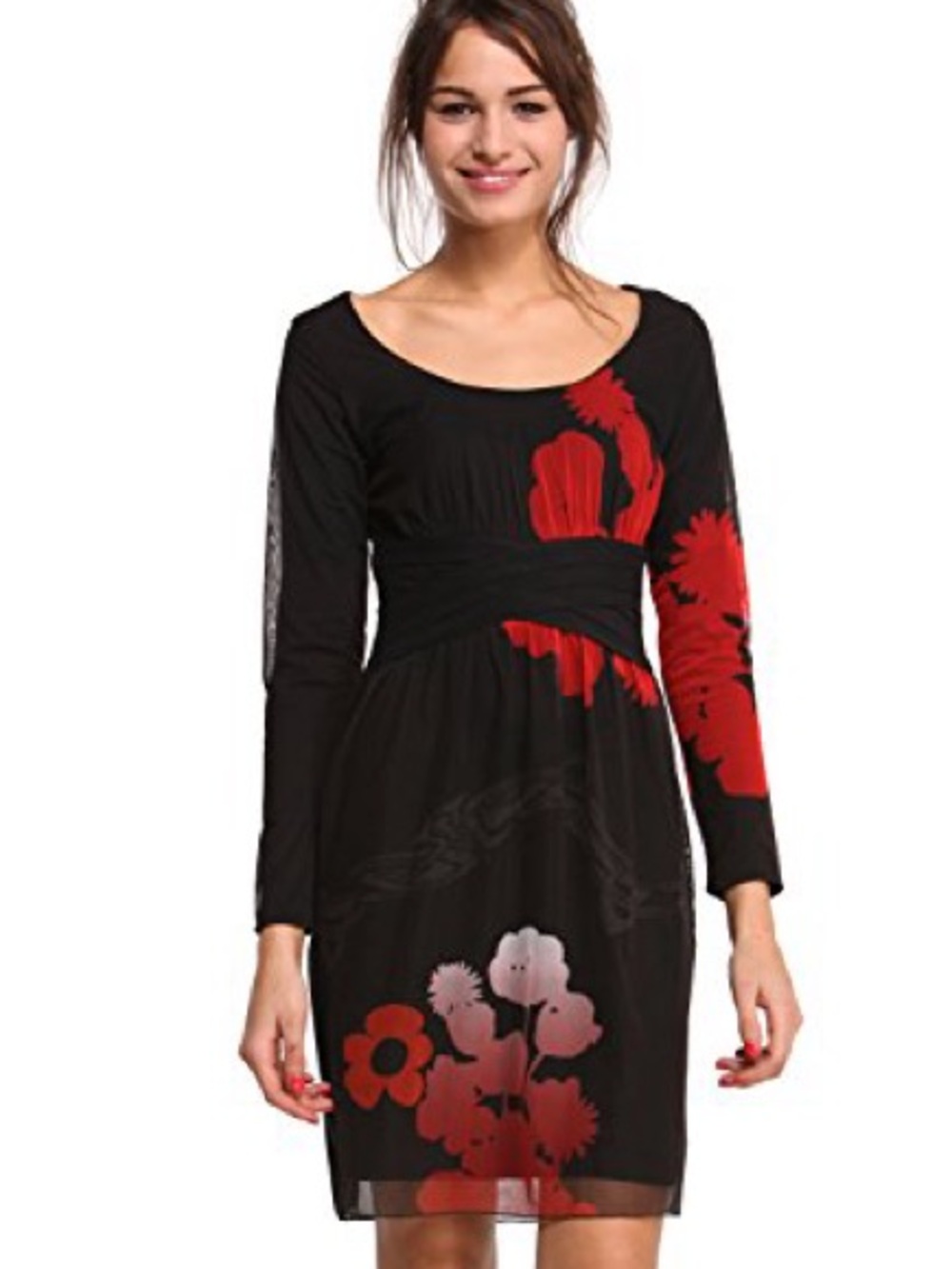 Desigual Lacroix "Suecia" Black Long-sleeve Midi Sheath Dress with Red Flowers